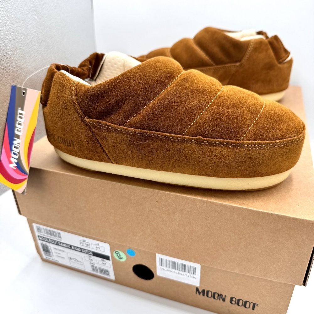 NWT Moonboot Suede Leather Slide Slippers Brown Cognac Unisex Shoes Brand New - Picture 6 of 16